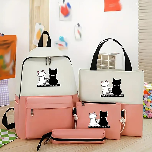 Cute cat print 5 piece backpack set with matching bags