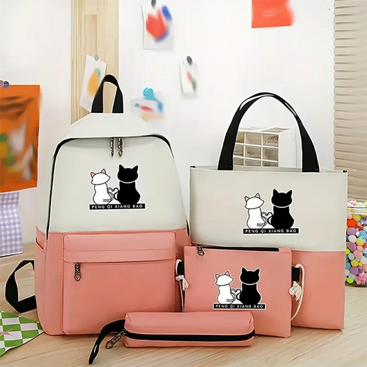 Cute cat print 5 piece backpack set with matching bags