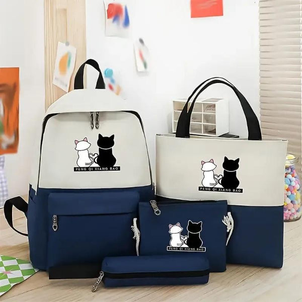 Set of bags with cat illustrations on a wooden floor.