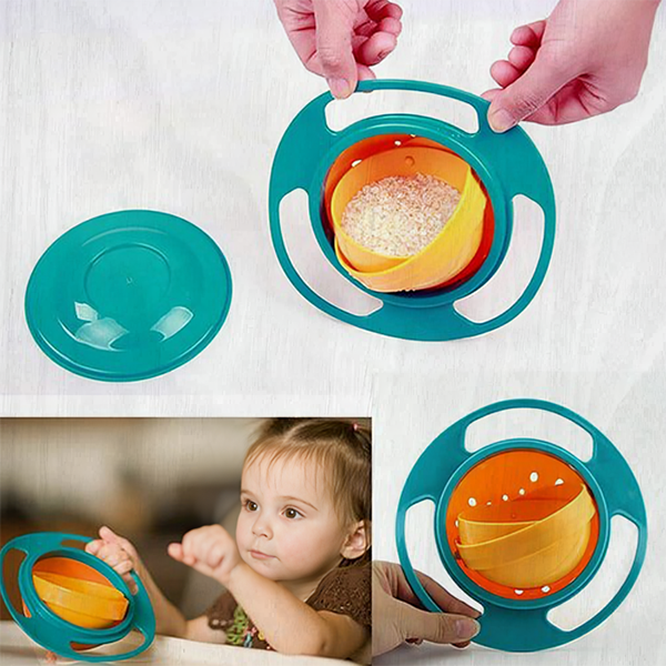 Colorful baby bowl with handle and lid, shown being used by a child.